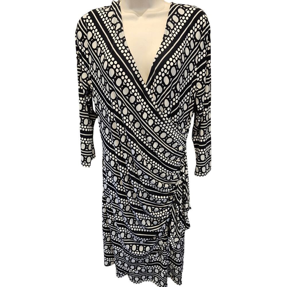 New York Company Black Polka Dot Stretch Sheath Faux Wrap Dress Large
